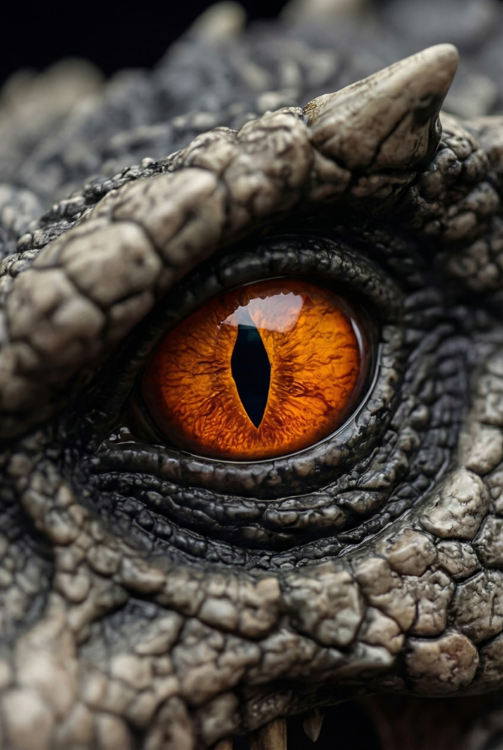 Gros plan sur l'oeil orange du Mitosaldaite, regard de prédateur dominant