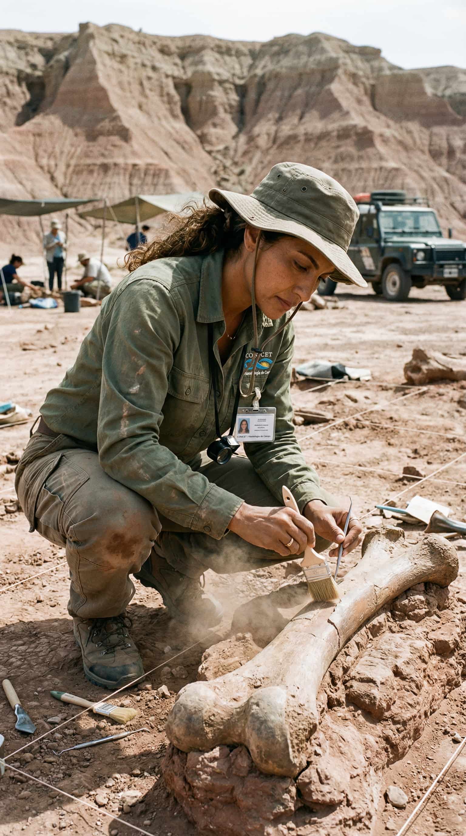 Dr Elena Vasquez qui observe les os du Mitosaldaite sur le site de fouille